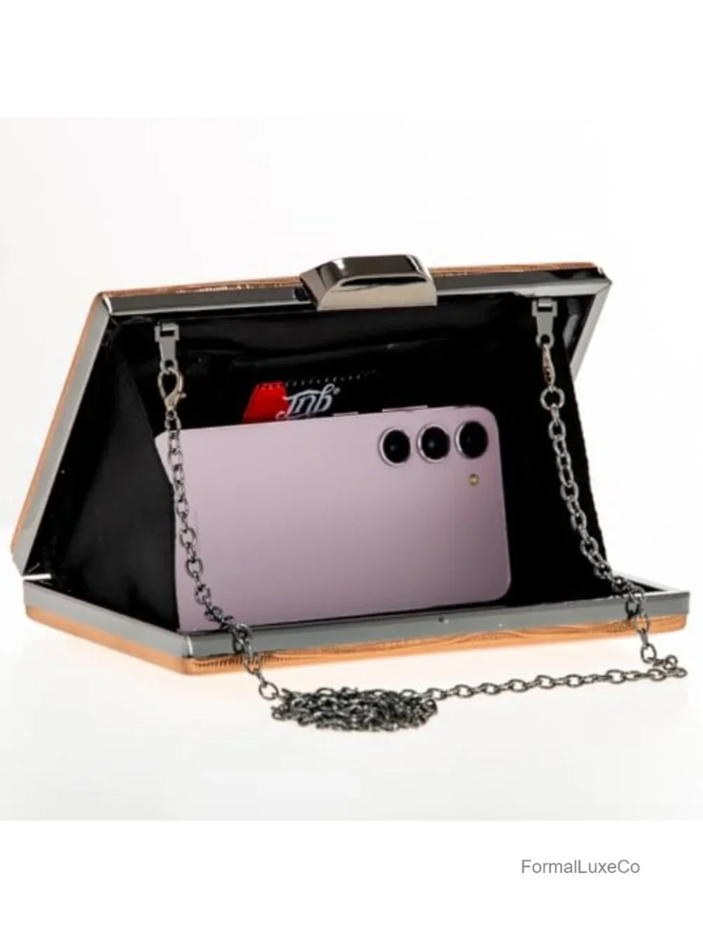 Metallic Hard Case Evening Party Clutch with Crossbody Chain